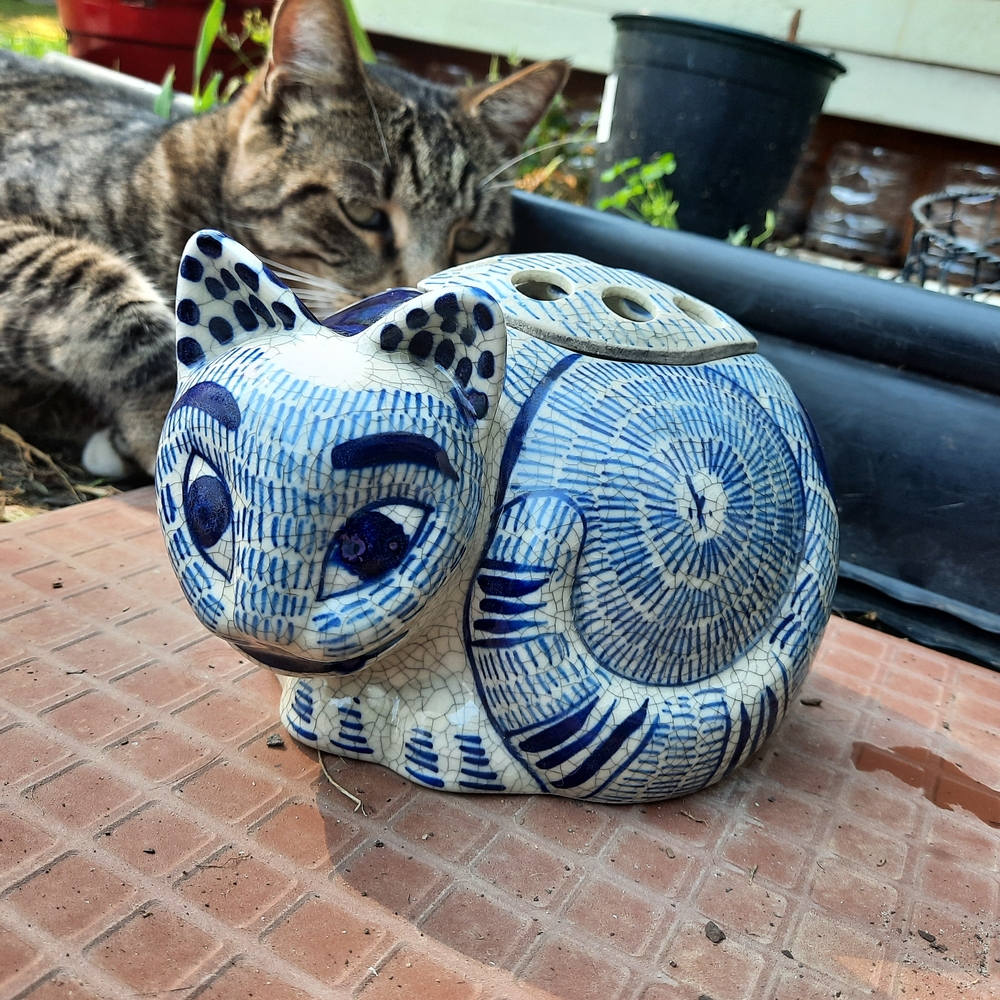 Blue and White Ceramic Cat Figurine
